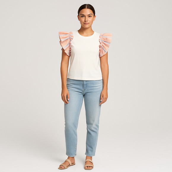 Anthropologie Flat White Women's Ruffle Sleeve Striped T-Shirt - Size Small - Picture 1 of 9